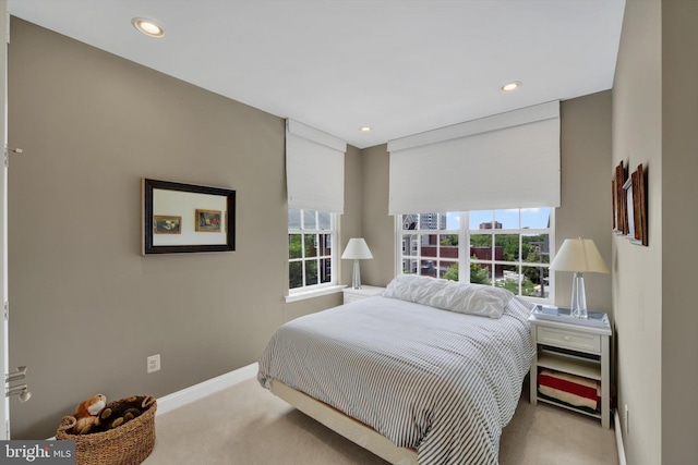 bedroom with carpet flooring, recessed lighting, and baseboards