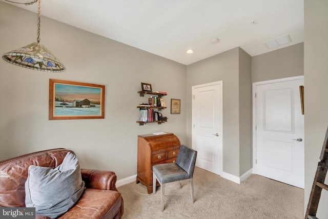 living area featuring carpet flooring, baseboards, and recessed lighting