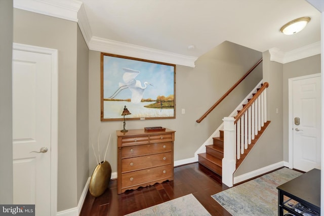 entrance foyer featuring ornamental molding, baseboards, wood finished floors, and stairs