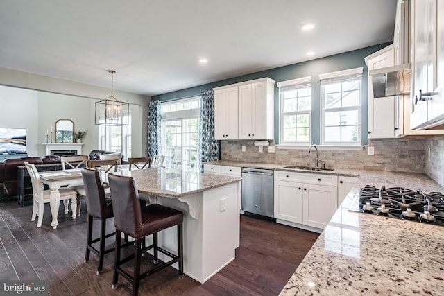 kitchen with dishwasher, a sink, light stone counters, healthy amount of natural light, and recessed lighting