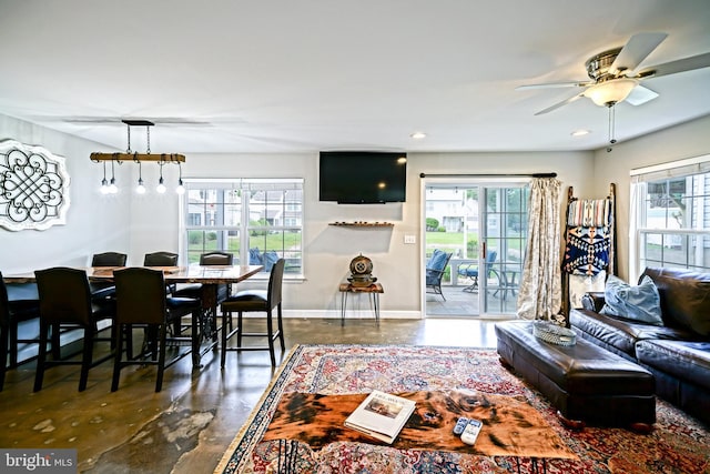 111 Seabright Way Unit E3, Rehoboth Beach, DE 19971 - living room featuring concrete flooring, baseboards, ceiling fan, and recessed lighting