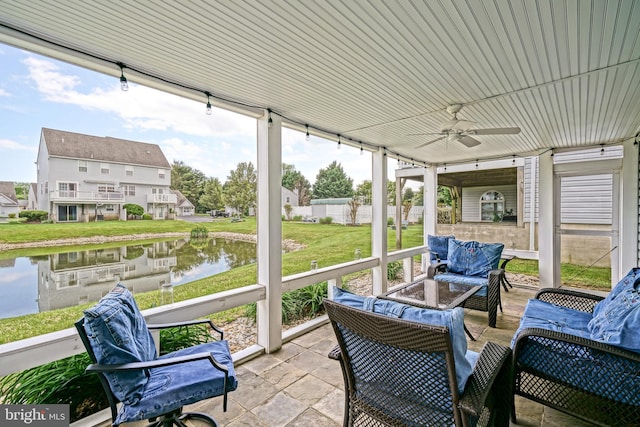 111 Seabright Way Unit E3, Rehoboth Beach, DE 19971 - sunroom / solarium with outdoor lounge area, a water view, and a ceiling fan