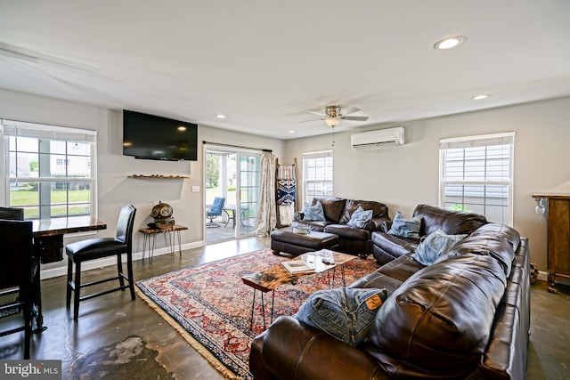 111 Seabright Way Unit E3, Rehoboth Beach, DE 19971 - living room featuring a wall mounted AC, finished concrete flooring, recessed lighting, a ceiling fan, and baseboards