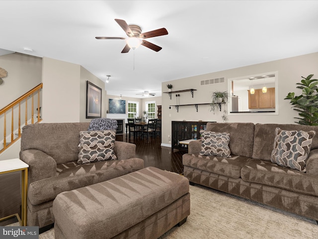 1904 Artillery Ln, Odenton, MD 21113 - living room with ceiling fan, wood finished floors, and stairway