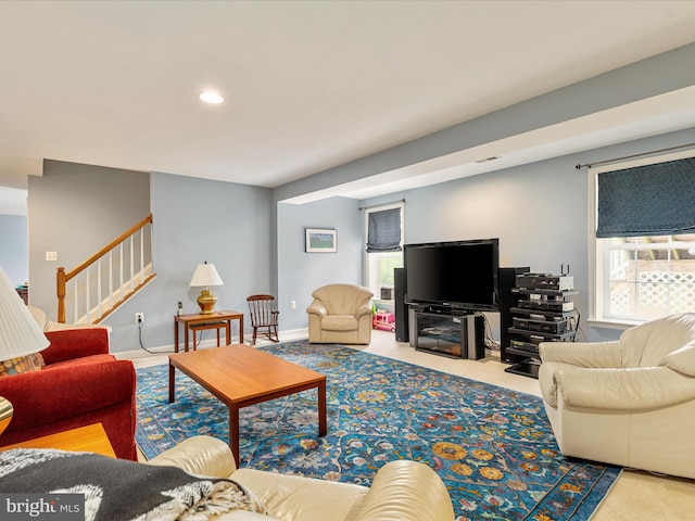 1517 Brookdale Ct, Winchester, VA 22601 - carpeted living area featuring stairs, healthy amount of natural light, and recessed lighting