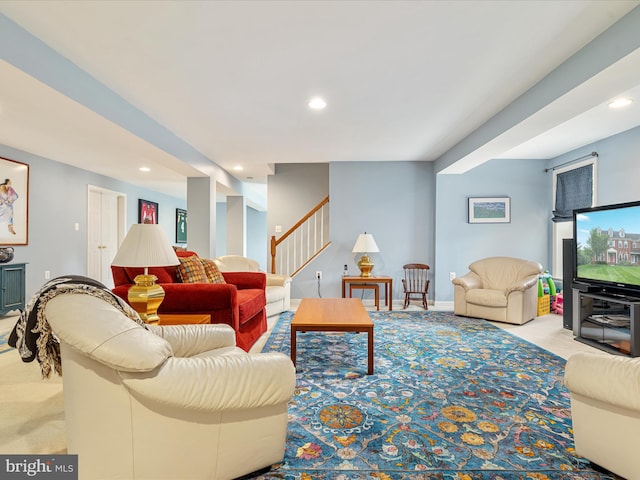 1517 Brookdale Ct, Winchester, VA 22601 - carpeted living area with stairway and recessed lighting