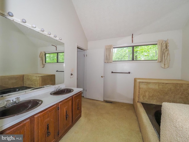 524 Ridge Rd, Annapolis, MD 21401 - bathroom featuring vaulted ceiling, a tub, and double vanity