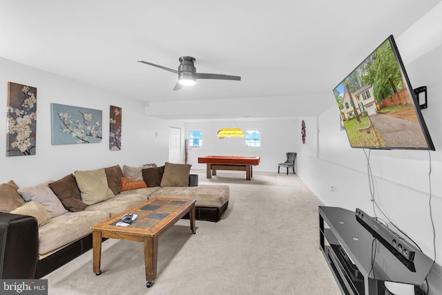 living area featuring billiards, carpet, and a ceiling fan