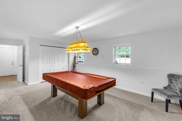 playroom with carpet flooring, baseboards, and pool table