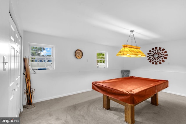 playroom with carpet flooring, pool table, and baseboards