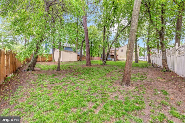 fenced backyard with a shed and an outdoor structure