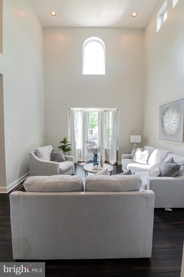 living area featuring a high ceiling, healthy amount of natural light, dark wood finished floors, recessed lighting, and baseboards