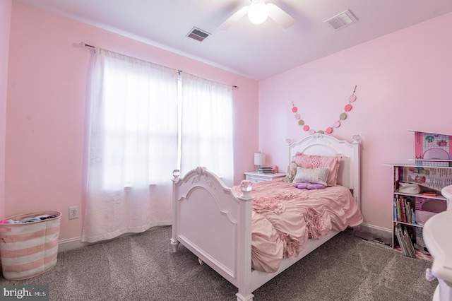 bedroom featuring carpet flooring, baseboards, and a ceiling fan