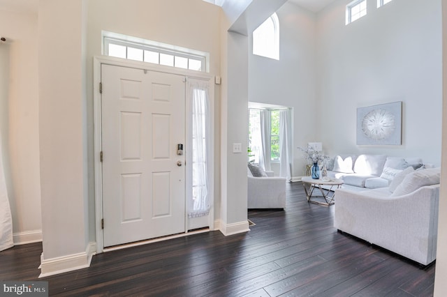 entrance foyer with a high ceiling, baseboards, and dark wood-style floors