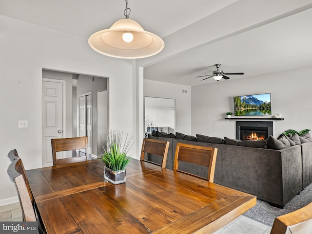 166 Spring Dale Ln, Felton, DE 19943 - dining room with a warm lit fireplace, baseboards, and ceiling fan