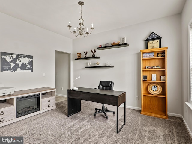 166 Spring Dale Ln, Felton, DE 19943 - home office with carpet floors, a chandelier, and baseboards