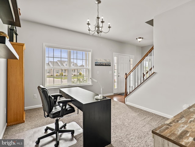 166 Spring Dale Ln, Felton, DE 19943 - carpeted office space with baseboards and a chandelier