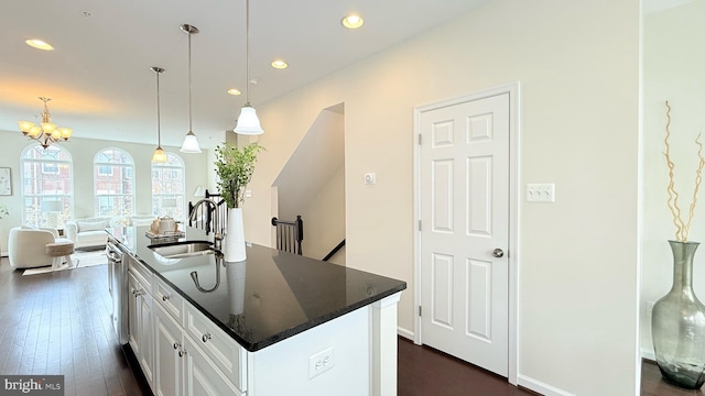 12515 Rustic Rock Ln, Beltsville, MD 20705 - kitchen with a sink, white cabinets, a kitchen island with sink, open floor plan, and recessed lighting