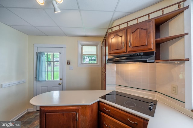 506 W 3rd St, Birdsboro, PA 19508 - kitchen with black electric stovetop, under cabinet range hood, a paneled ceiling, tasteful backsplash, and baseboards