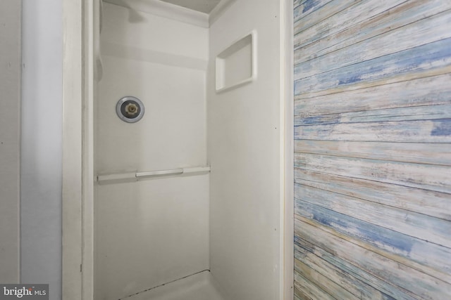 bathroom with wooden walls