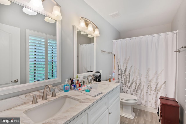 bathroom featuring wood tiled floors, toilet, vanity, and curtained shower