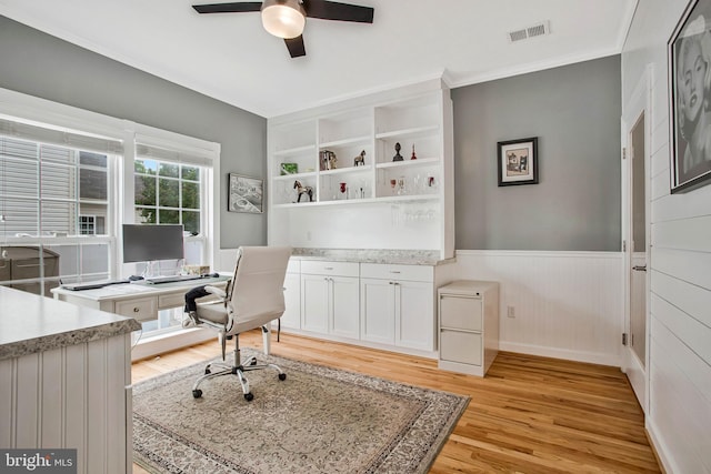 455 Creeks End Ln, Stevensville, MD 21666 - office featuring a ceiling fan, light wood-style floors, a wainscoted wall, and ornamental molding