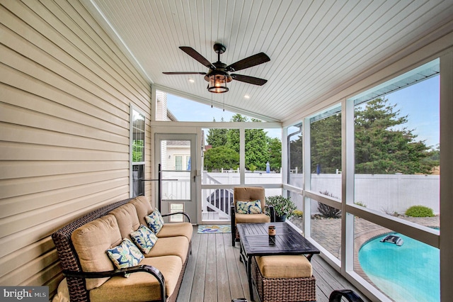 455 Creeks End Ln, Stevensville, MD 21666 - sunroom / solarium with ceiling fan, lofted ceiling, and an outdoor living space
