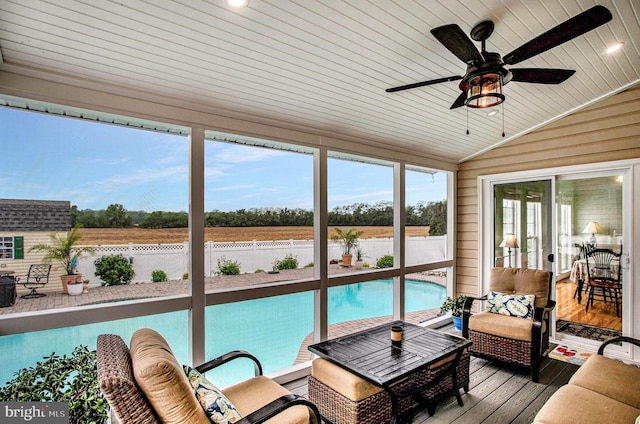 455 Creeks End Ln, Stevensville, MD 21666 - sunroom with wood ceiling, wood-type flooring, a ceiling fan, lofted ceiling, and wooden walls