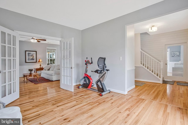455 Creeks End Ln, Stevensville, MD 21666 - exercise room featuring french doors, wood finished floors, baseboards, and a ceiling fan