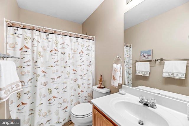 full bath with toilet, vanity, and a shower with curtain