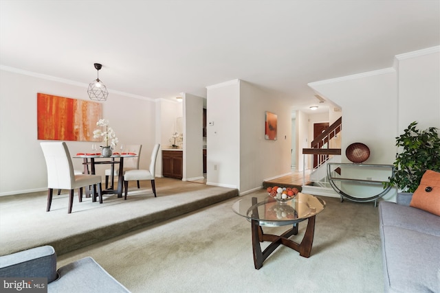 10903 Pebble Run Dr, Silver Spring, MD 20902 - carpeted living area with stairs, crown molding, and baseboards