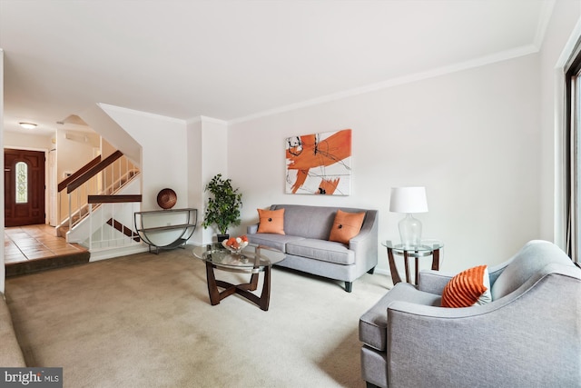 10903 Pebble Run Dr, Silver Spring, MD 20902 - carpeted living area with stairs and ornamental molding