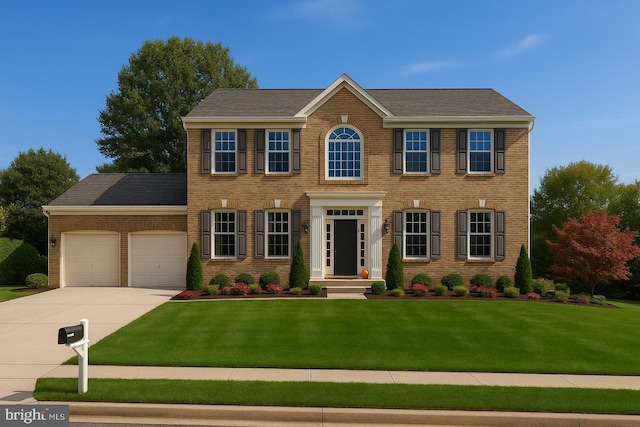 colonial-style house with brick siding, an attached garage, a front yard, and driveway