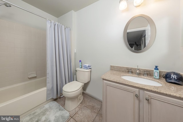bathroom with toilet, tile patterned floors, vanity, and shower / bath combination with curtain
