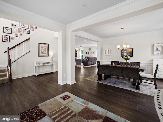 1422 Silver Oak Ln, Arnold, MD 21012 - dining room with stairway, ornamental molding, wood finished floors, a chandelier, and baseboards