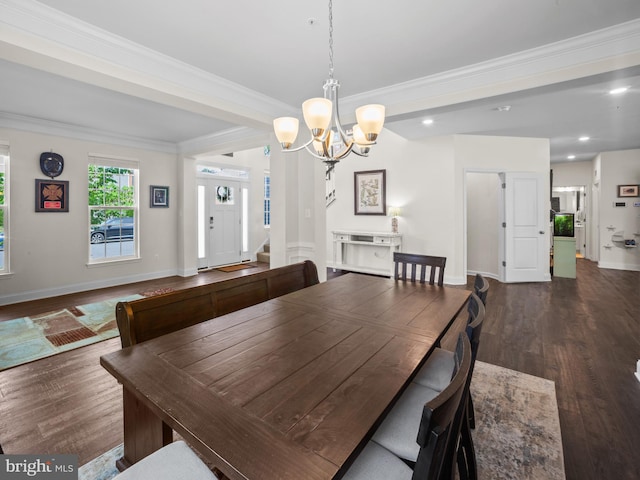 1422 Silver Oak Ln, Arnold, MD 21012 - dining space with a chandelier, dark wood-style flooring, crown molding, baseboards, and stairs
