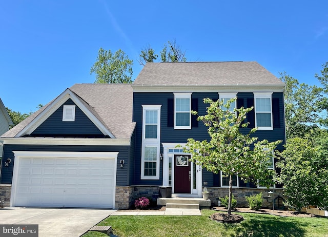1422 Silver Oak Ln, Arnold, MD 21012 - view of front of property with stone siding, concrete driveway, an attached garage, and roof with shingles