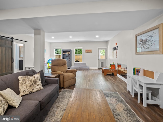 1422 Silver Oak Ln, Arnold, MD 21012 - living room with wood finished floors, a barn door, recessed lighting, and baseboards