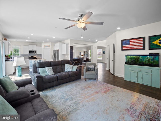 1422 Silver Oak Ln, Arnold, MD 21012 - living area featuring dark wood-type flooring, recessed lighting, ceiling fan, and baseboards