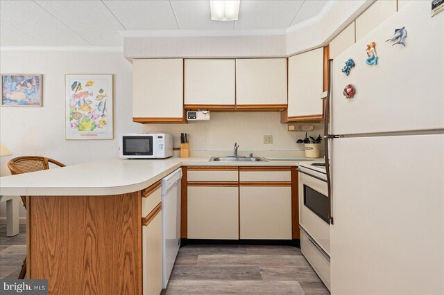8 35th St Unit 401, Ocean City, MD 21842 - kitchen with white appliances, a sink, a peninsula, ornamental molding, and light countertops