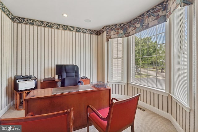 office with wallpapered walls, baseboards, carpet floors, and recessed lighting