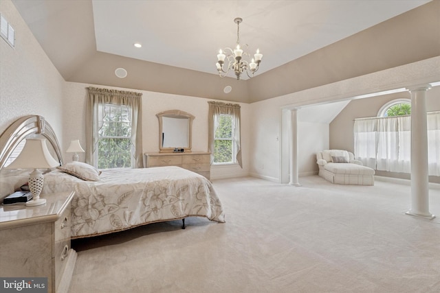 carpeted bedroom with a chandelier, vaulted ceiling, decorative columns, baseboards, and recessed lighting