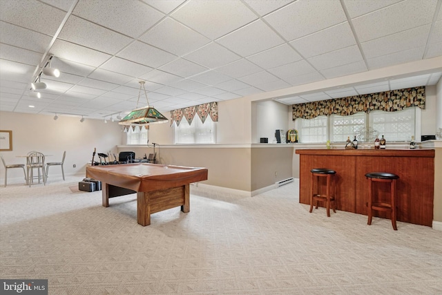 rec room featuring rail lighting, baseboards, light carpet, and pool table