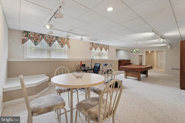 carpeted dining area with rail lighting, baseboards, and pool table