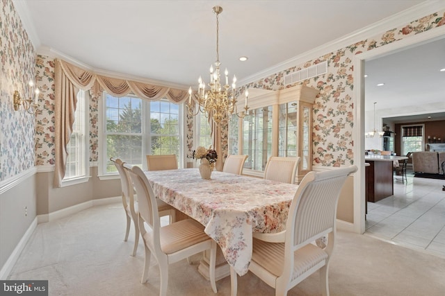 dining room featuring a chandelier, wallpapered walls, crown molding, light colored carpet, and baseboards