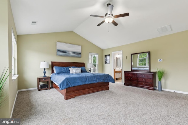 10611 Tattersall Dr, Manassas, VA 20112 - bedroom with baseboards, carpet, vaulted ceiling, ensuite bath, and ceiling fan
