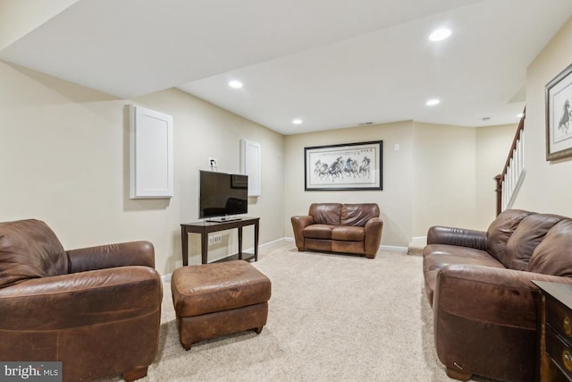 10611 Tattersall Dr, Manassas, VA 20112 - living room with carpet floors, baseboards, recessed lighting, and stairs