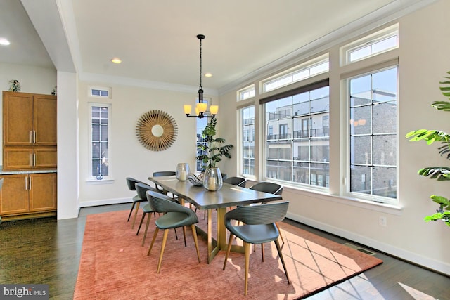 23109 Cottonwillow Sq, Brambleton, VA 20148 - dining room featuring a chandelier, dark wood-style floors, baseboards, and recessed lighting