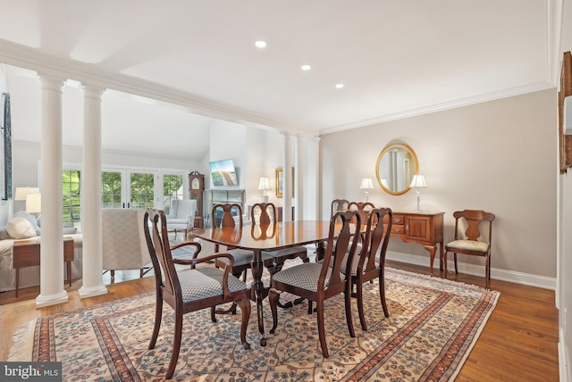 36 Wingstone Ln, Devon, PA 19333 - dining area featuring ornate columns, crown molding, light wood-style floors, recessed lighting, and baseboards