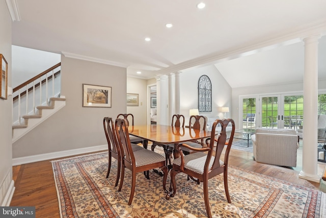 36 Wingstone Ln, Devon, PA 19333 - dining room featuring decorative columns, wood finished floors, recessed lighting, stairs, and crown molding